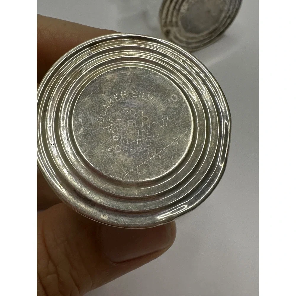 Quaker Sterling Silver Hurricane Salt and Pepper Weighted 703 Etched Glass